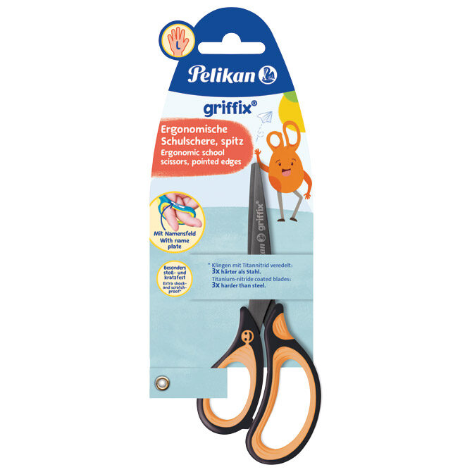 Škare školske 15 cm za ljevake Griffix Pelikan 819176 (300009555) neon narančaste/crne blister