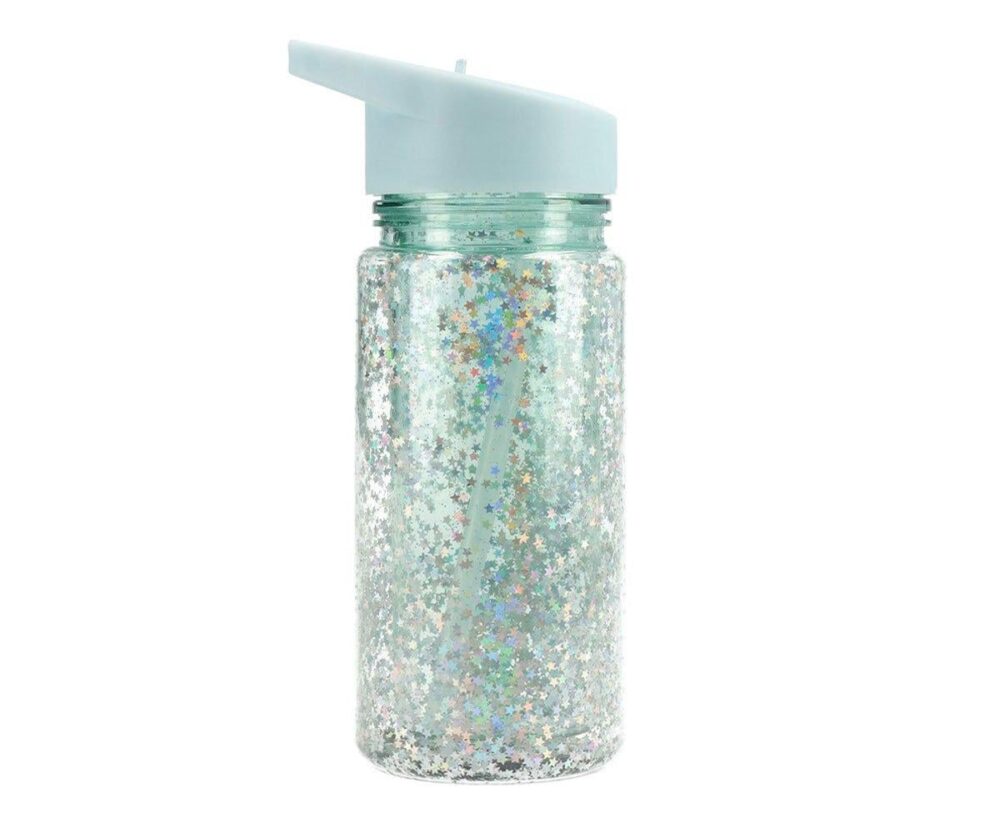 Plastic Bottle with Straw Glitter Stars Turquoise Personalised