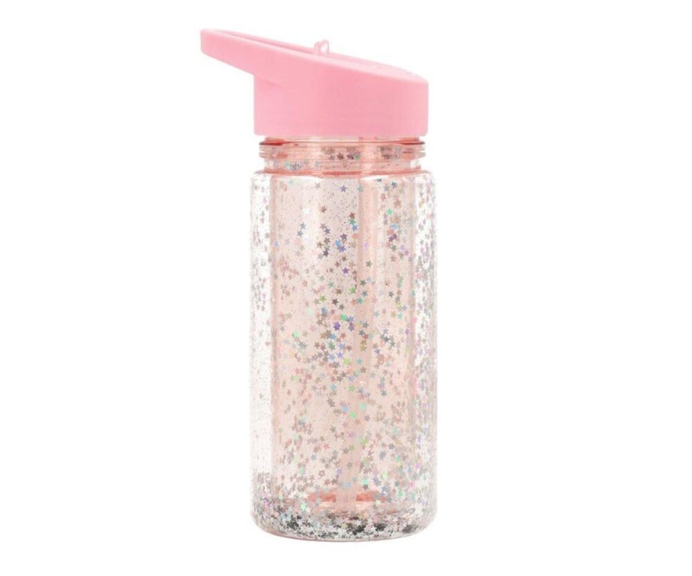 Bottle Plastic with Straw Glitter Stars Pink Personalised